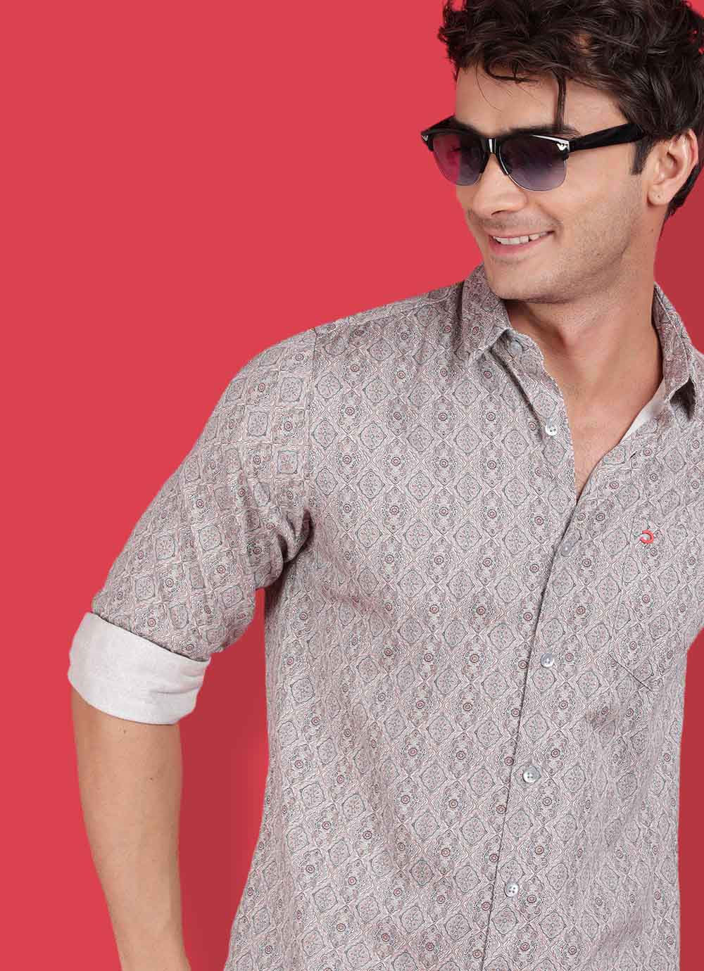 Brown Cotton Print Slim Fit Shirt with Single Patch Pocket