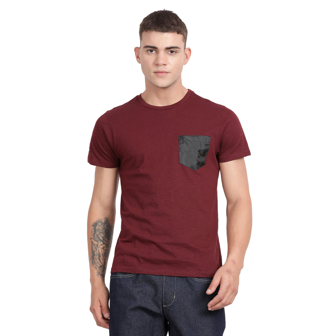 Red Cotton Crew Neck Half Sleeve T Shirt With Tafetta Single Patch Pocket