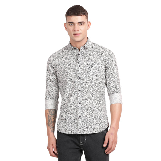 Beige Cotton All Over Printed Full Sleeve Slim Fit Shirt With Single Patch Pocket