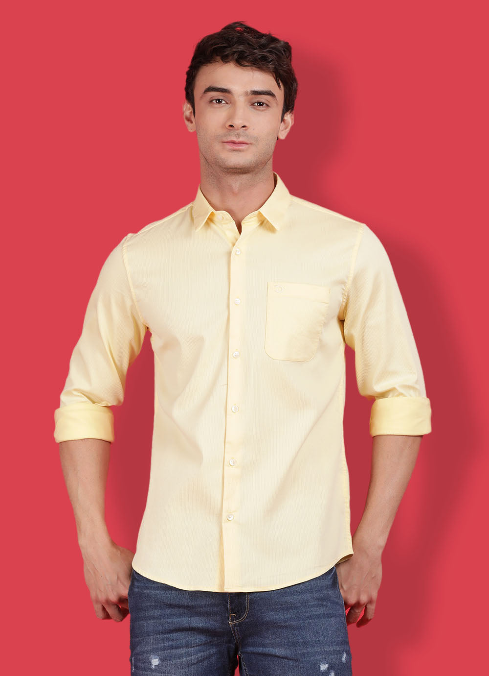 Yellow Cotton Solid Slim Fit Shirt with Single Patch Pocket