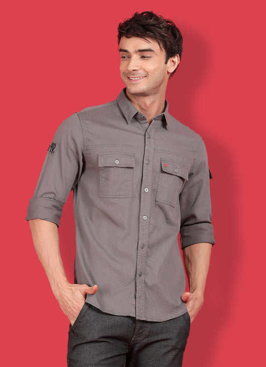 Grey Cotton Solid Slim Fit Shirt with Double Patch Pocket with Flap