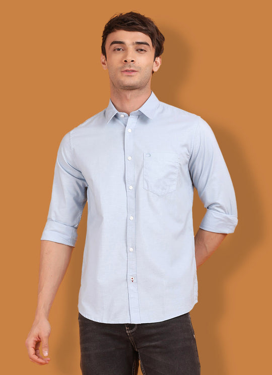 Sky Blue Cotton Linen Solid Slim Fit Shirt with Single Patch Pocket