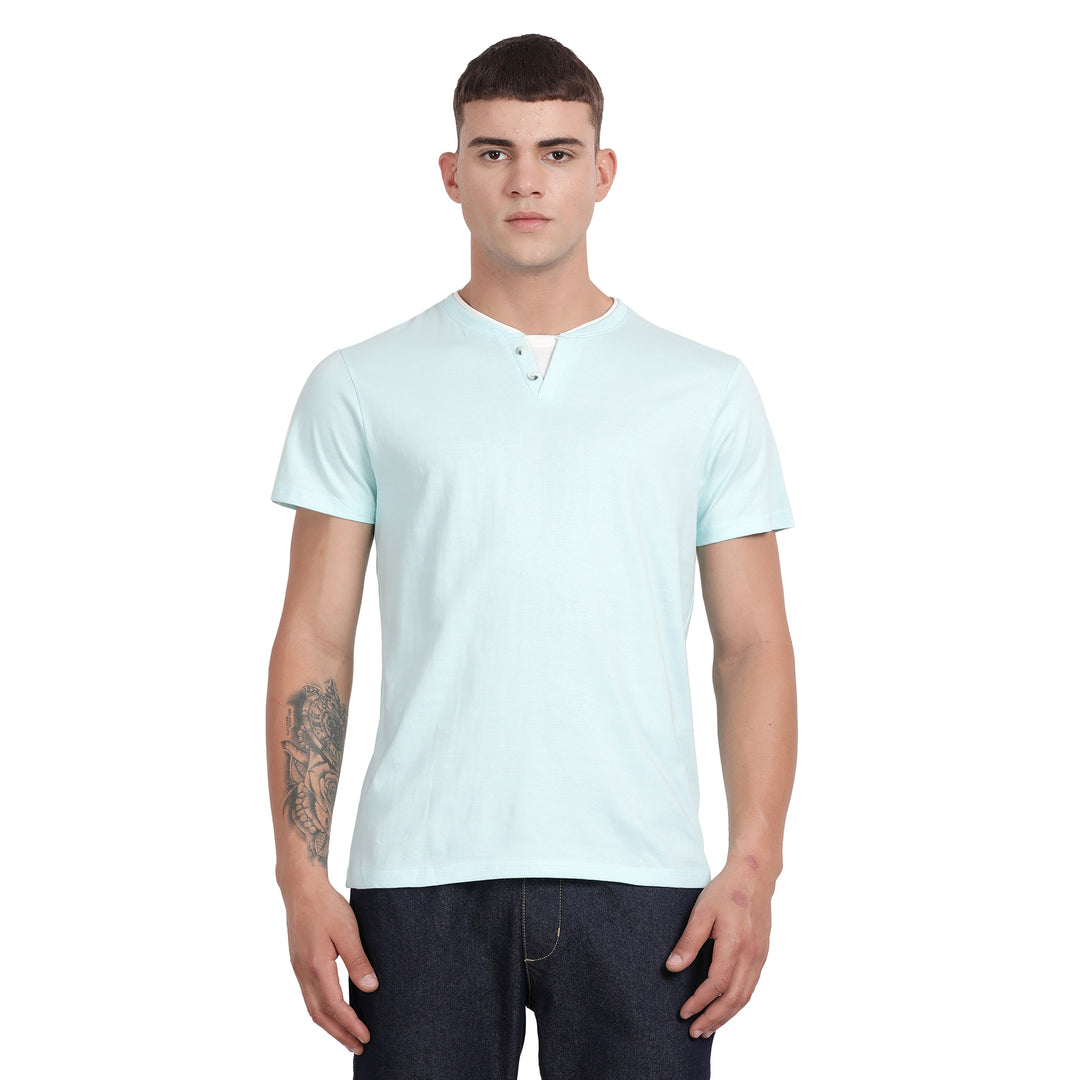 Ice Blue Cotton Henleyneck Half Sleeve Slim Fit T Shirt Without Pocket