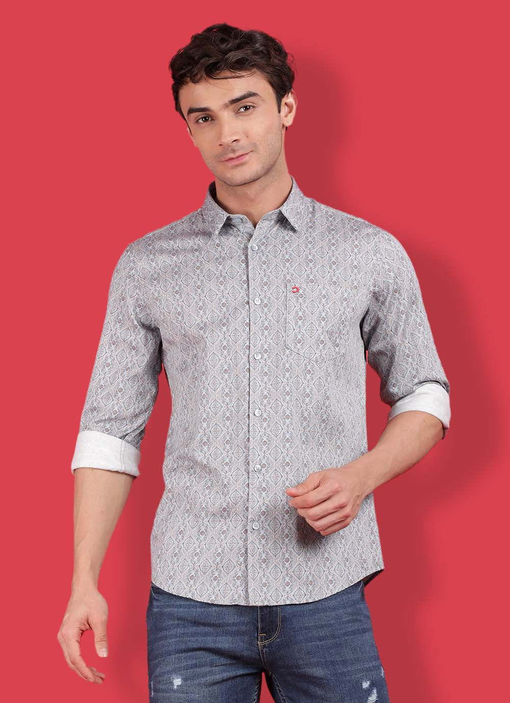 Skyblue Cotton Print Slim Fit Shirt with Single Patch Pocket