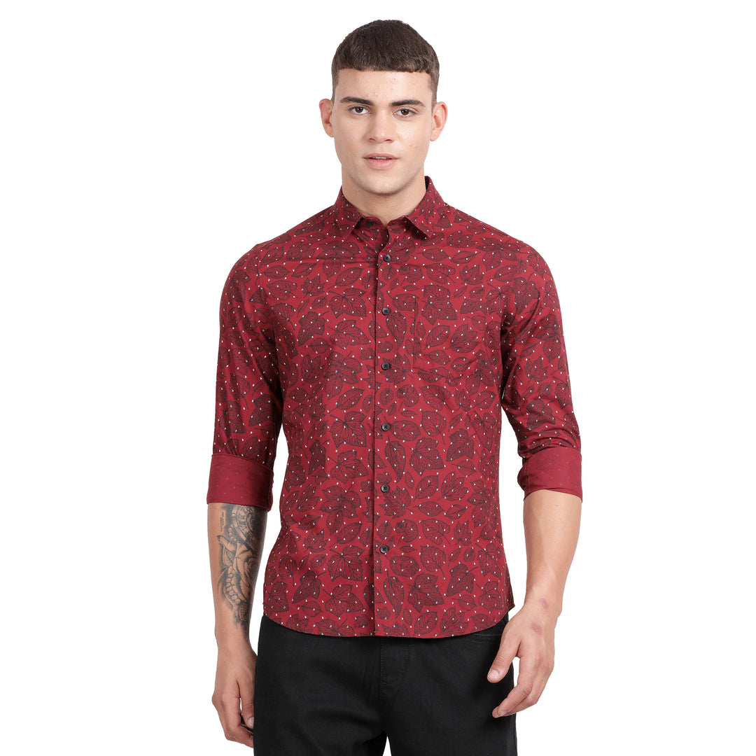 Red Cotton All Over Printed Full Sleeve Slim Fit Shirt With Single Patch Pocket