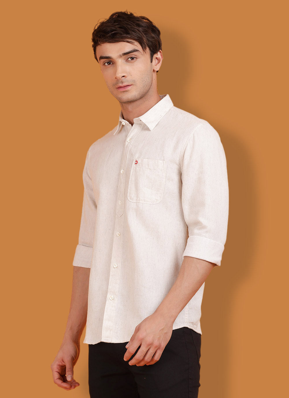 Beige Cotton Linen Solid Slim Fit Shirt with Single Patch Pocket