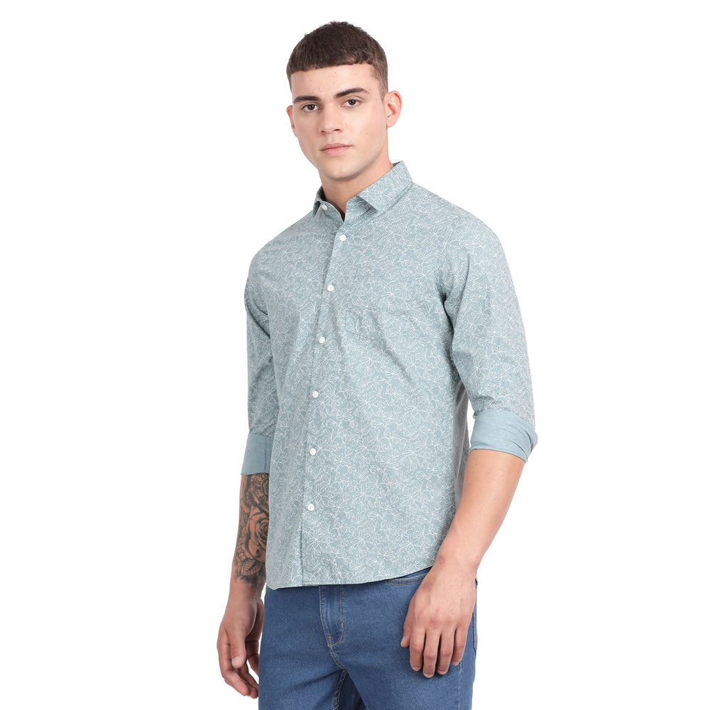 Green Cotton All Over Printed Full Sleeve Slim Fit Shirt With Single Patch Pocket