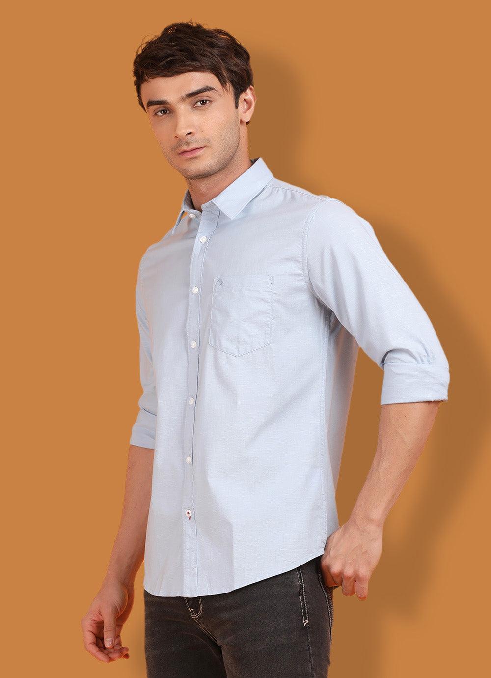 Sky Blue Cotton Linen Solid Slim Fit Shirt with Single Patch Pocket