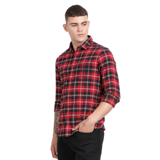 Red Cotton Yarn Dyed Checked Full Sleeve Slim Fit Shirt With Single Pocket
