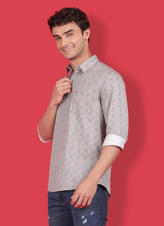 Brown Cotton Print Slim Fit Shirt with Single Patch Pocket