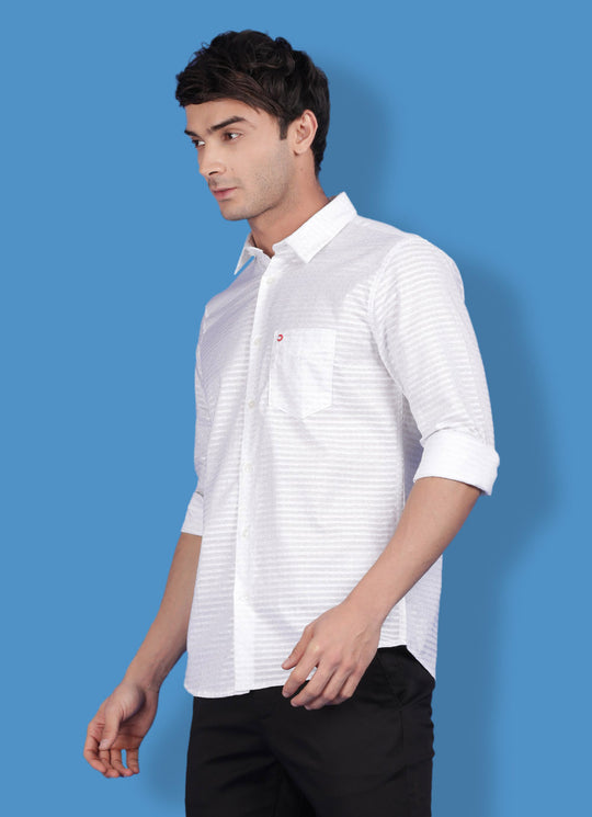 Cotton White Printed Slim Fit Shirt with Single Patch Pocket