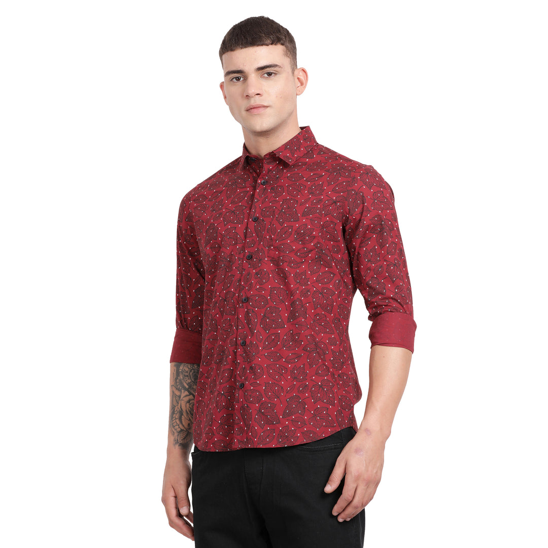 Red Cotton All Over Printed Full Sleeve Slim Fit Shirt With Single Patch Pocket
