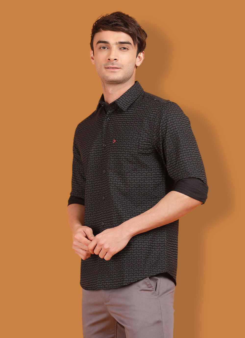 Black Cotton Print Slim Fit Shirt with Single Patch Pocket