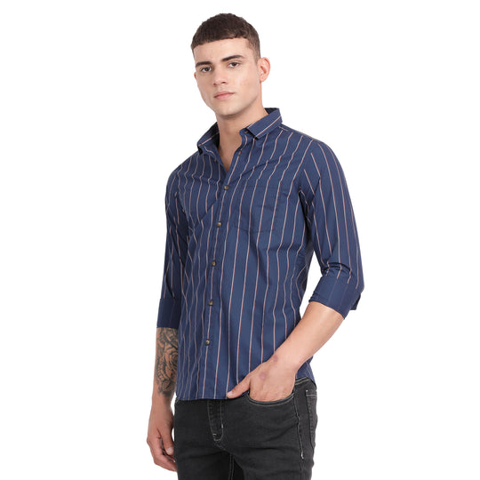 Blue Cotton Printed Stripes Full Sleeve Slim Fit Shirt With Single Pocket