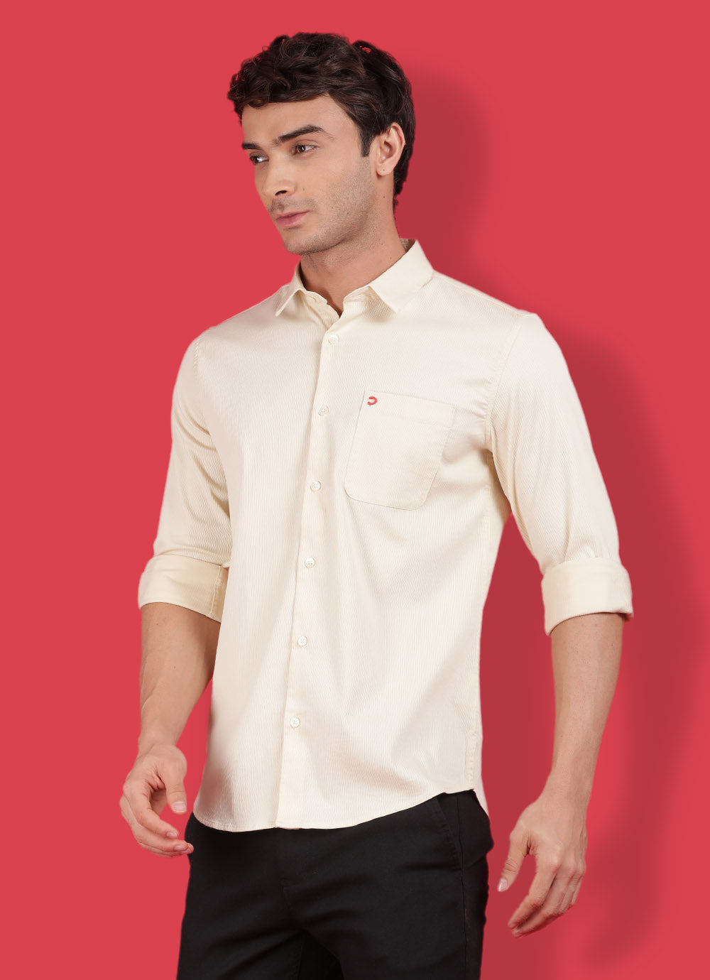 Beige Cotton Solid Slim Fit Shirt with Single Patch Pocket