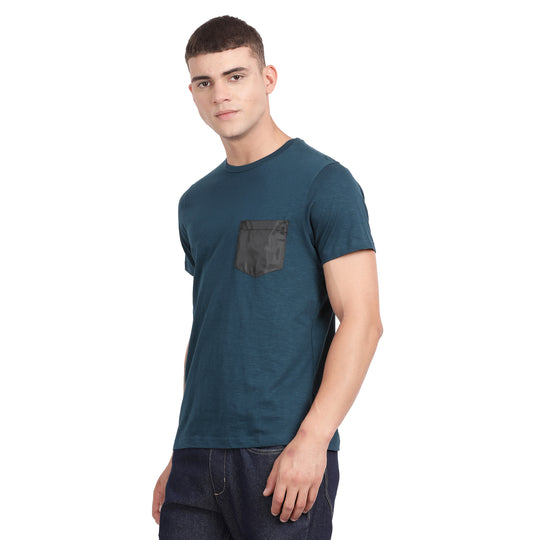 Dk Teal Cotton Crew Neck Half Sleeve T Shirt With Tafetta Single Patch Pocket