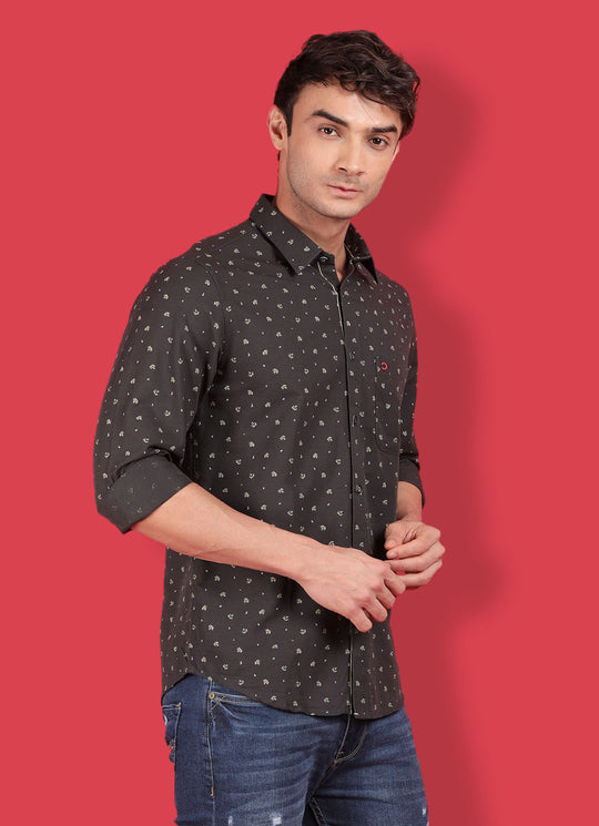 Olive Cotton Print Slim Fit Shirt with Single Patch Pocket