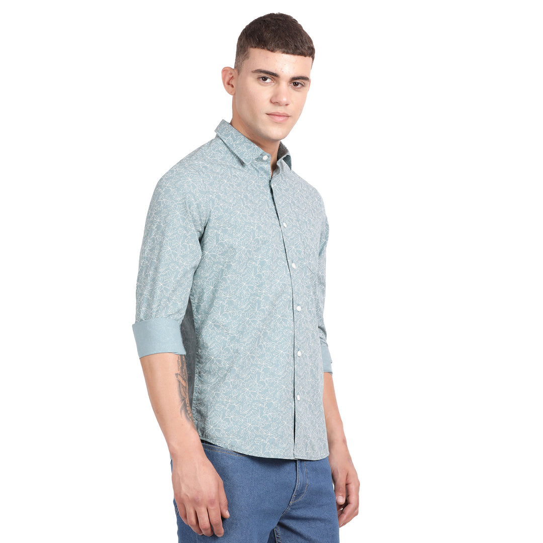 Green Cotton All Over Printed Full Sleeve Slim Fit Shirt With Single Patch Pocket
