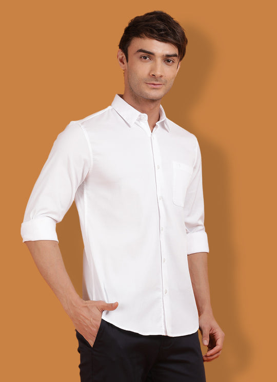 White Cotton Solid Slim Fit Shirt with Single Patch Pocket
