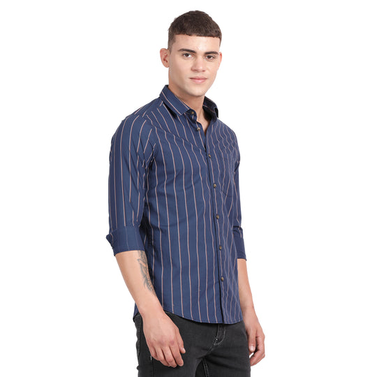 Blue Cotton Printed Stripes Full Sleeve Slim Fit Shirt With Single Pocket