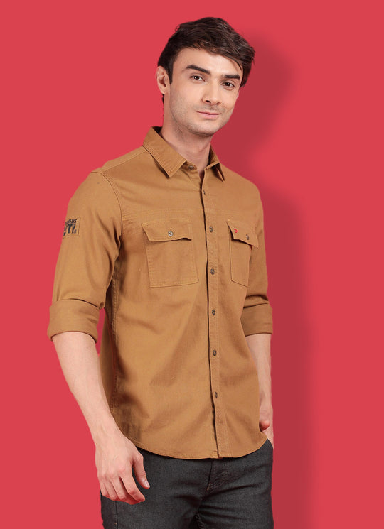 Khaki Cotton Solid Slim Fit Shirt with Double Patch Pocket with Flap