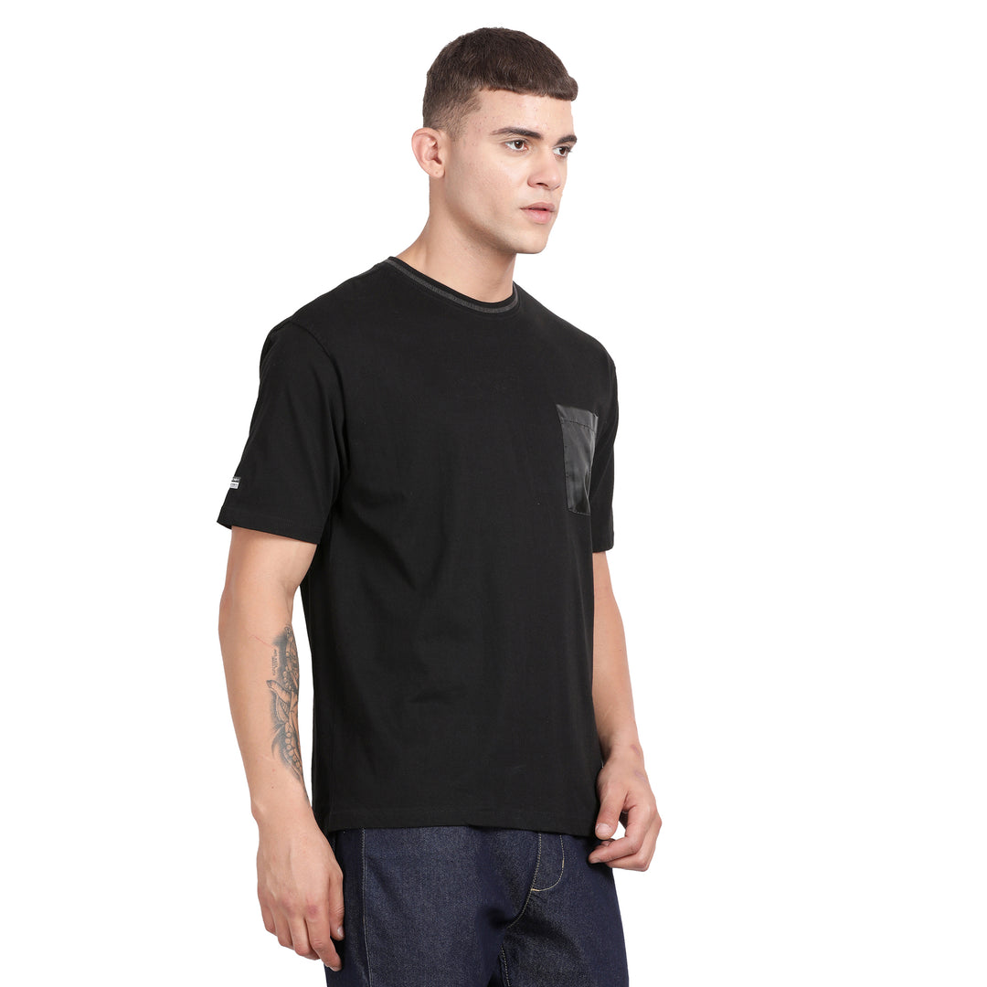 Black Cotton Crew Neck Half Sleeve Oversized T Shirt With Tafetta With Single Patch Pocket