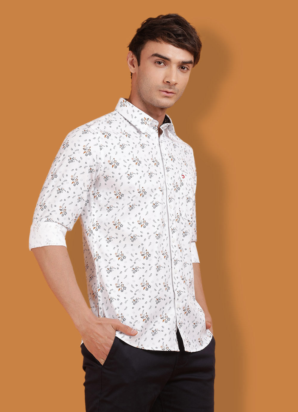 White Cotton Print Slim Fit Shirt with Single Patch Pocket