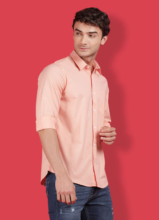 Peach Cotton Linen Solid Slim Fit Shirt with Single Patch Pocket
