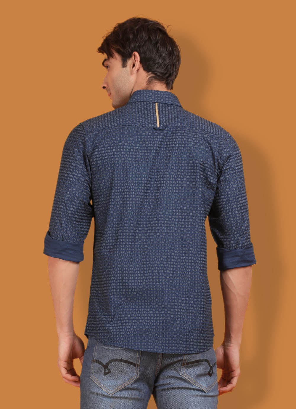Navy Cotton Print Slim Fit Shirt with Single Patch Pocket