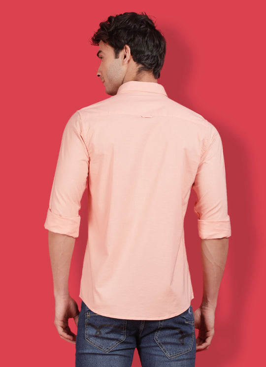 Peach Cotton Linen Solid Slim Fit Shirt with Single Patch Pocket
