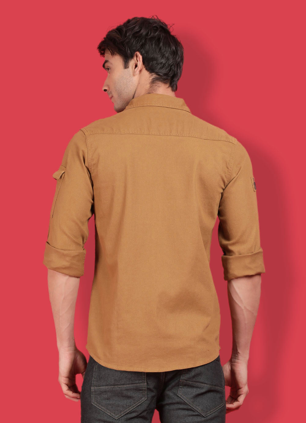 Khaki Cotton Solid Slim Fit Shirt with Double Patch Pocket with Flap