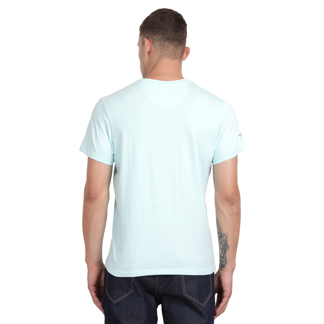 Ice Blue Cotton Henleyneck Half Sleeve Slim Fit T Shirt Without Pocket