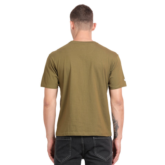 Olive Cotton Crew Neck Half Sleeve Over Sized T Shirt With Tafetta Single Patch Pocket