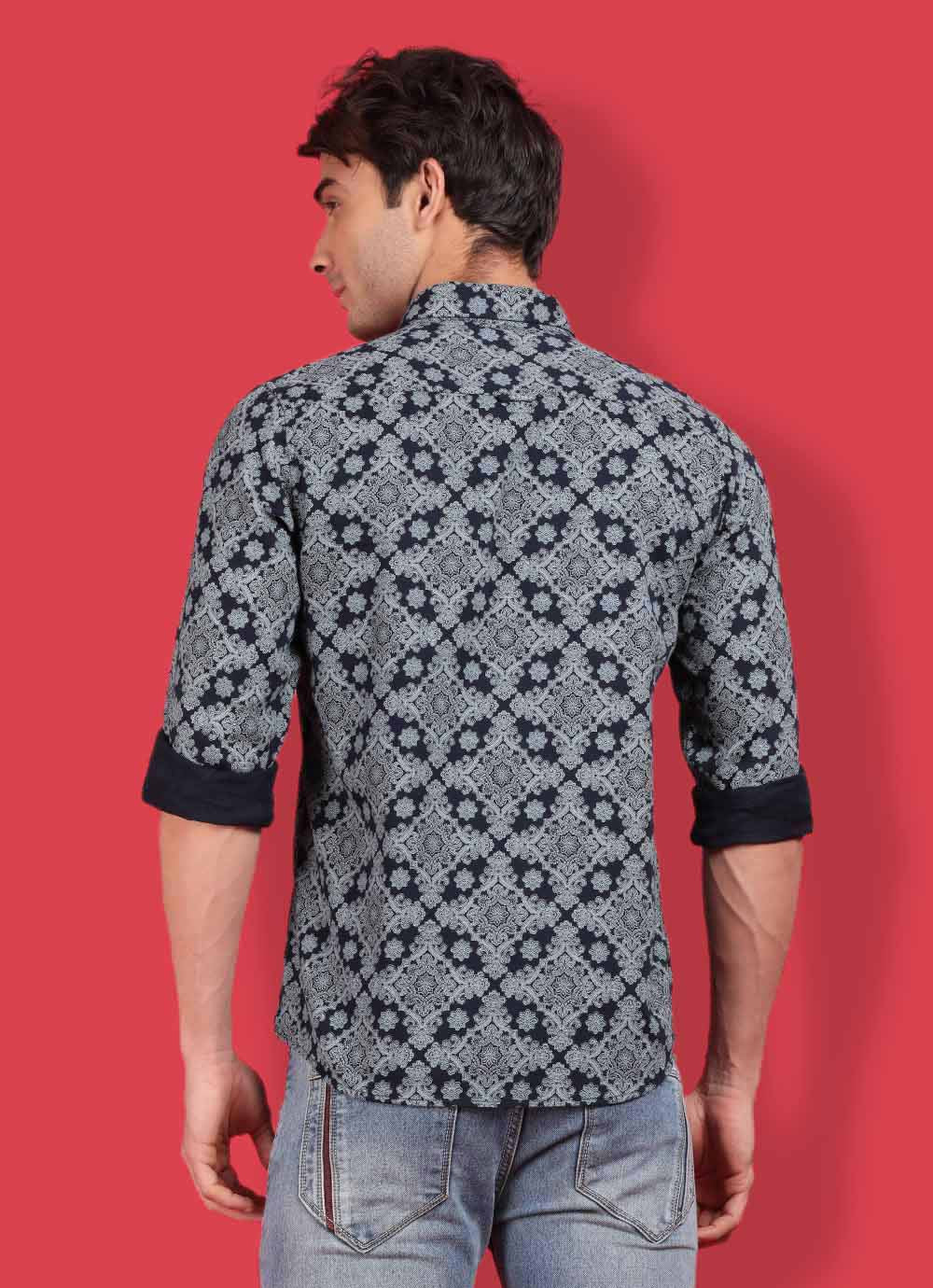 Navy Cotton Print Slim Fit Shirt with Single Patch Pocket