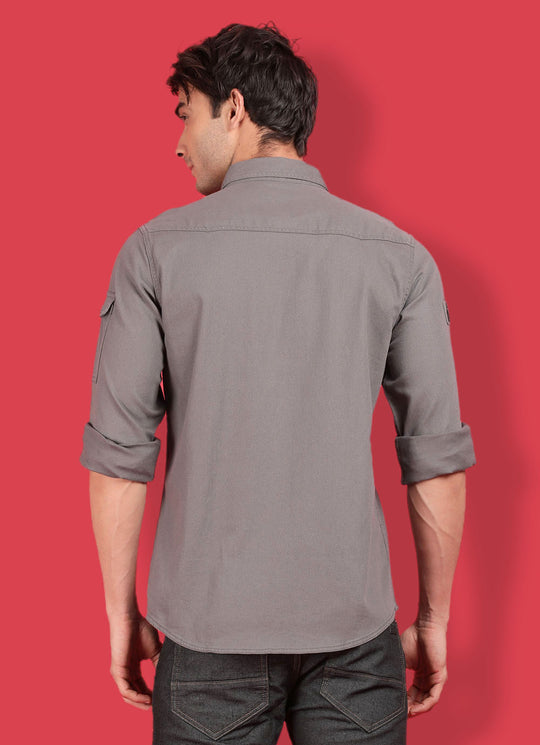 Grey Cotton Solid Slim Fit Shirt with Double Patch Pocket with Flap