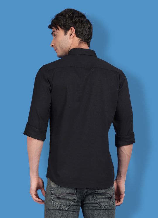 Black Cotton Solid Slim Fit Shirt with Single Patch Pocket