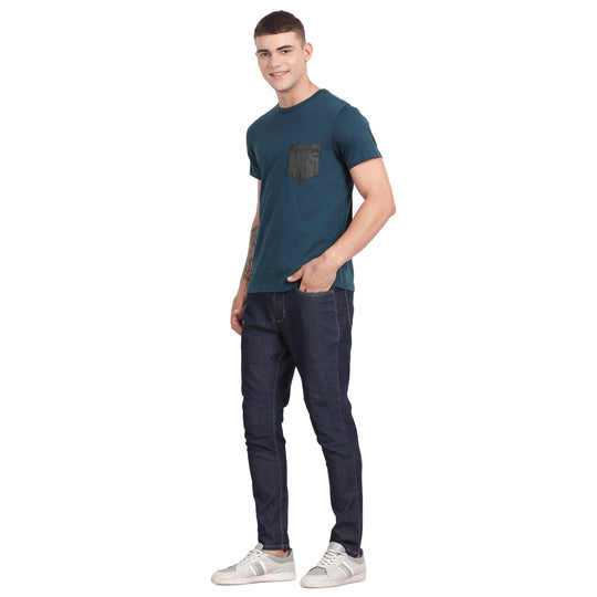 Dk Teal Cotton Crew Neck Half Sleeve T Shirt With Tafetta Single Patch Pocket