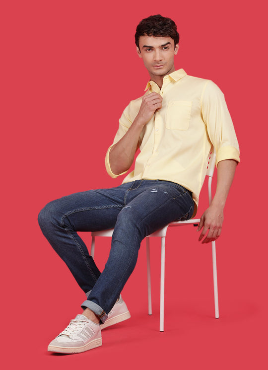 Yellow Cotton Solid Slim Fit Shirt with Single Patch Pocket