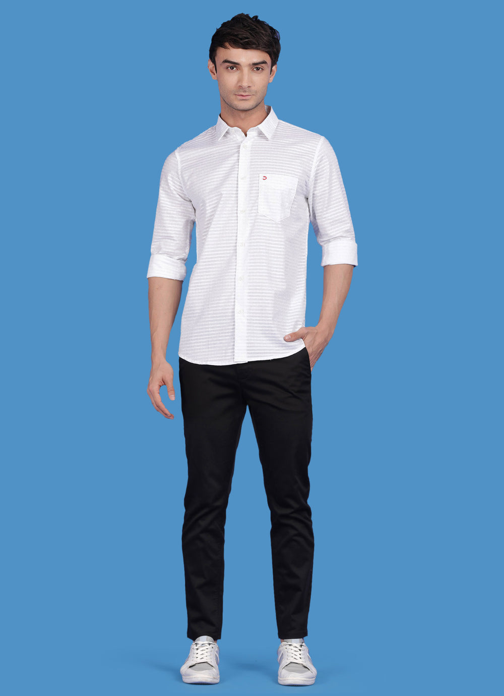 Cotton White Printed Slim Fit Shirt with Single Patch Pocket