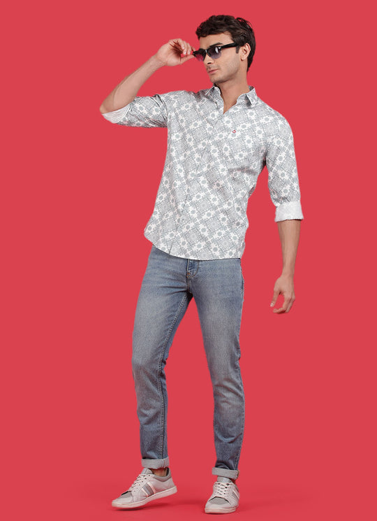 White Cotton Print Slim Fit Shirt with Single Patch Pocket