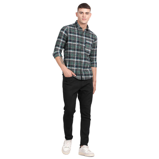 Green Cotton Yarn Dyed Checked Full Sleeve Slim Fit Shirt With Single Pocket