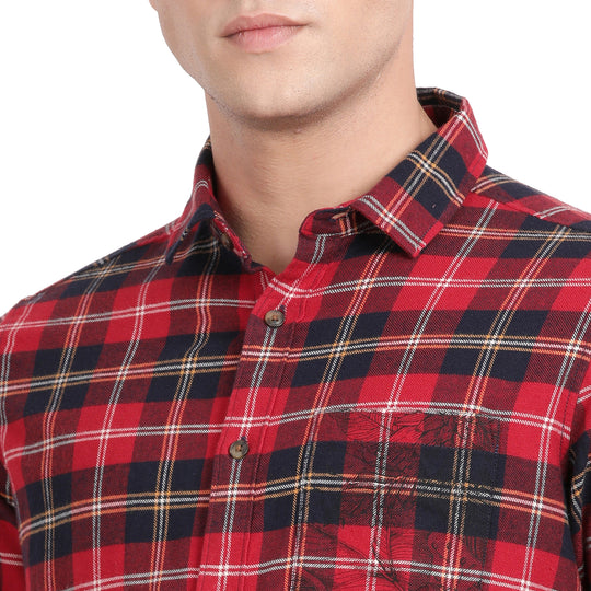 Red Cotton Yarn Dyed Checked Full Sleeve Slim Fit Shirt With Single Pocket