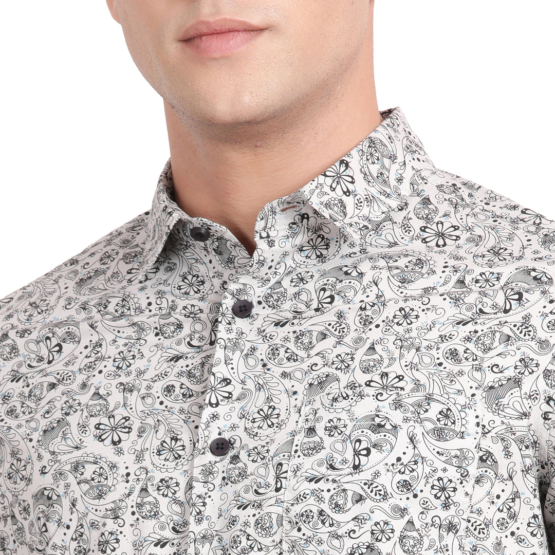 Beige Cotton All Over Printed Full Sleeve Slim Fit Shirt With Single Patch Pocket