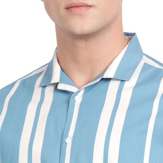 Blue Stripes Viscose Printed Half Sleeve Resort Over Sized Shirt Without Pocket