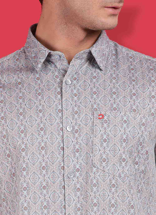 Skyblue Cotton Print Slim Fit Shirt with Single Patch Pocket