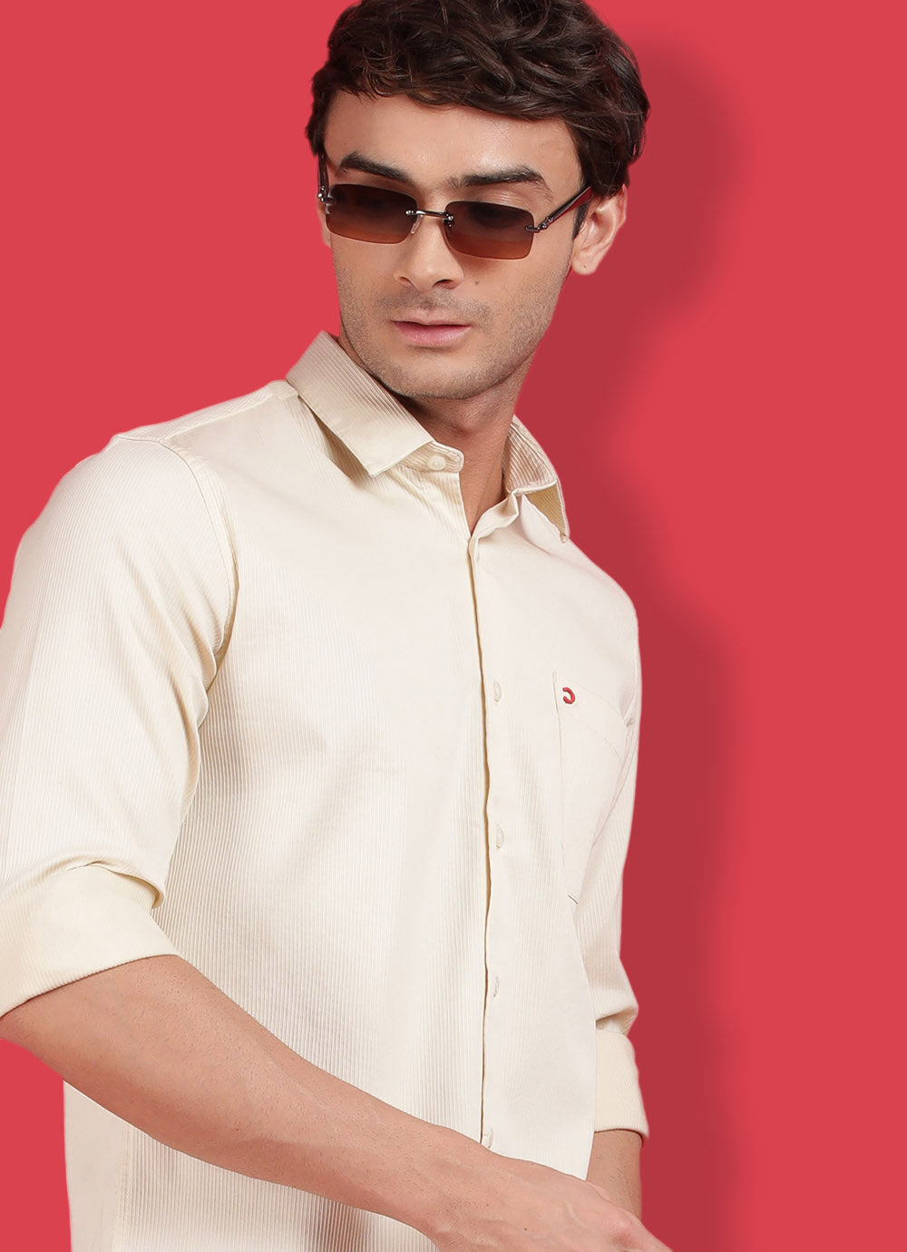 Beige Cotton Solid Slim Fit Shirt with Single Patch Pocket