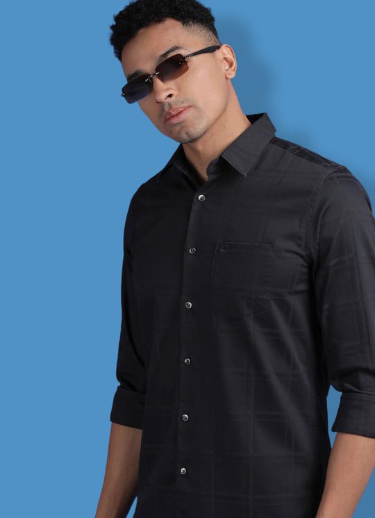 Cotton Slim Fit Blue Shirt with Single Welt Pocket