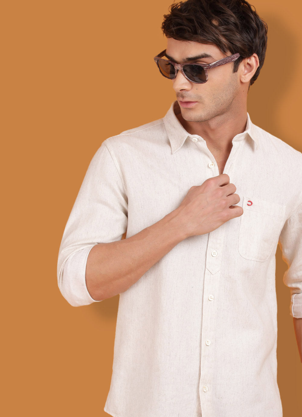 Beige Cotton Linen Solid Slim Fit Shirt with Single Patch Pocket