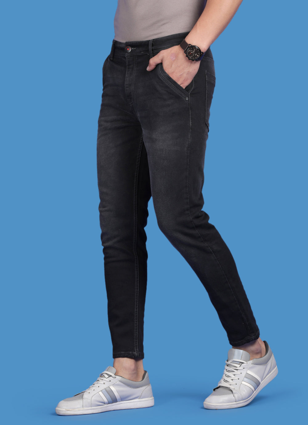 Dark Grey Crop Fit Knitted Denim Jeans