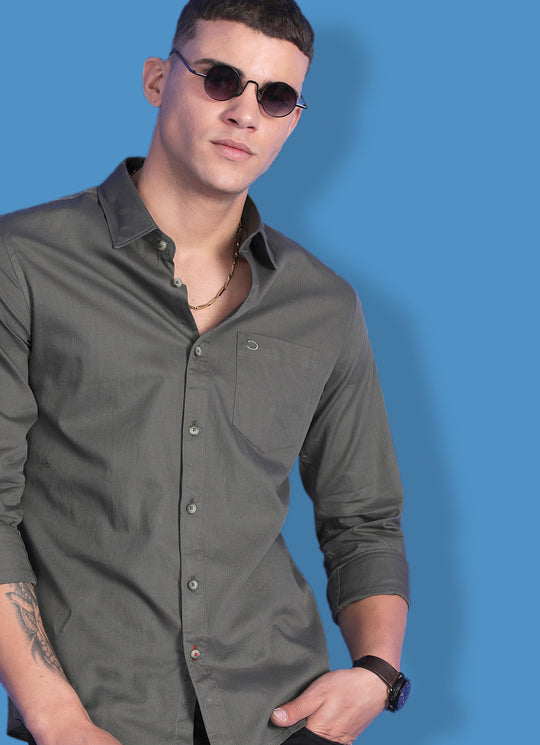 Olive Cotton Blend Solid Slim Fit Shirt with Single Patch Pocket